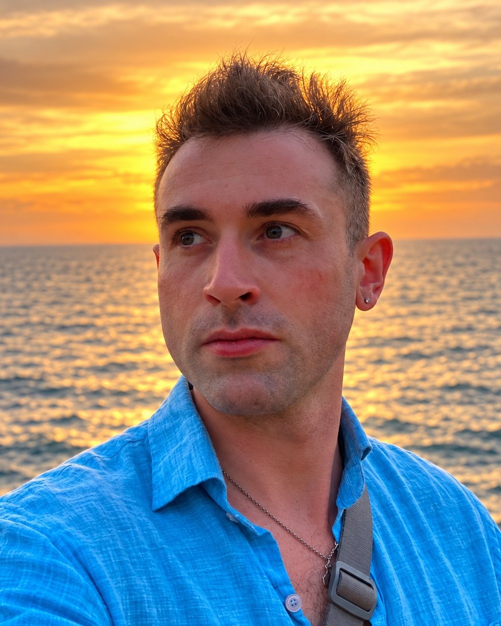 Felix Harris in a light blue linen shirt, looking off to the side with the sun setting over the ocean behind him