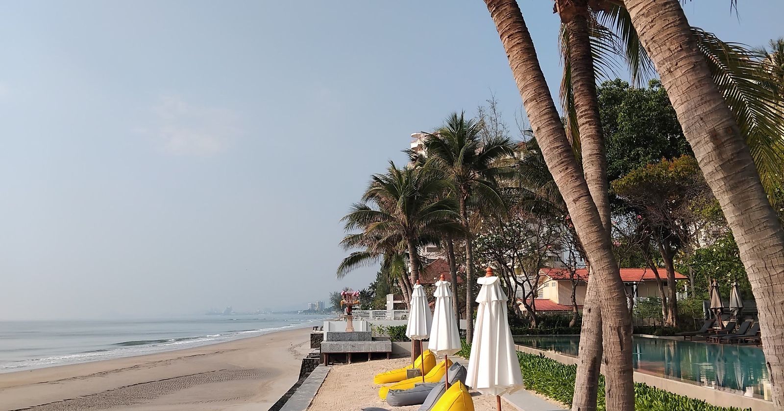 A quiet beach lined with palm trees and white umbrellas